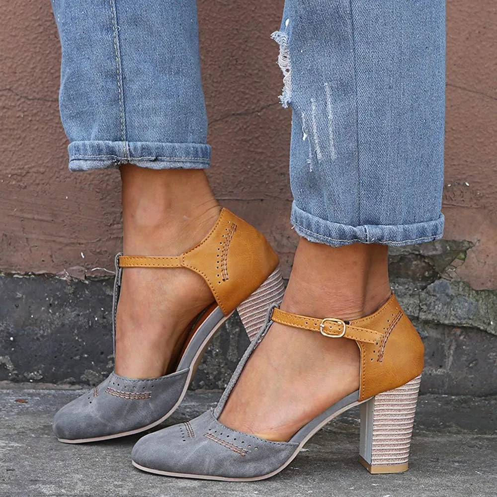 JITUUE Mary Jane Pumps Chunky Heels for Women Round Toe T-Strap Sandals Summer Oxford Shoes with Hollow