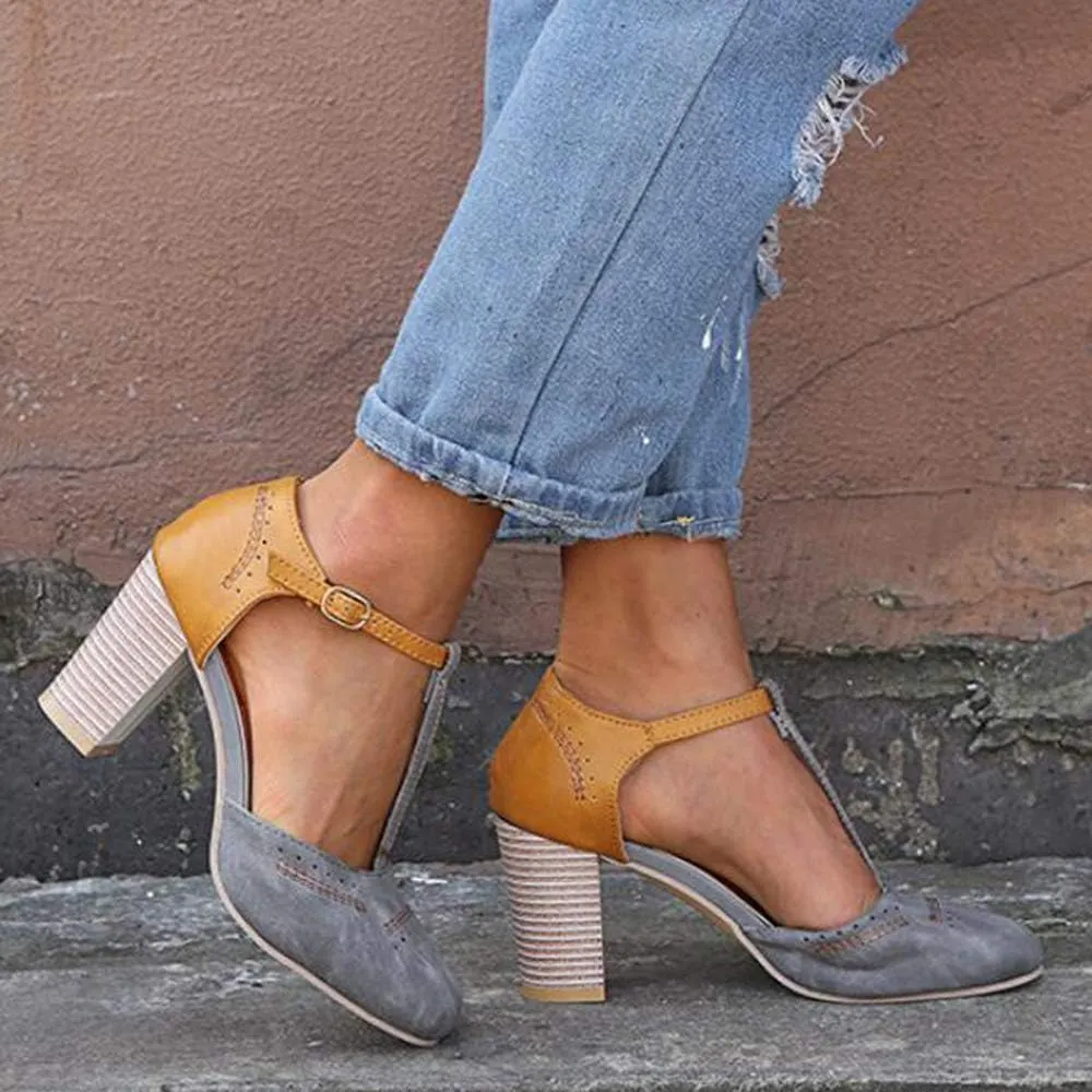 JITUUE Mary Jane Pumps Chunky Heels for Women Round Toe T-Strap Sandals Summer Oxford Shoes with Hollow