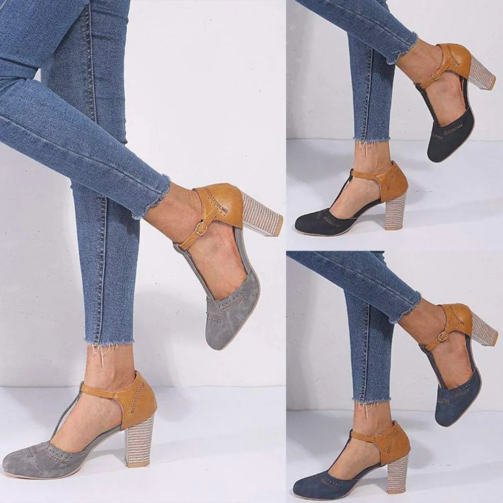 JITUUE Mary Jane Pumps Chunky Heels for Women Round Toe T-Strap Sandals Summer Oxford Shoes with Hollow