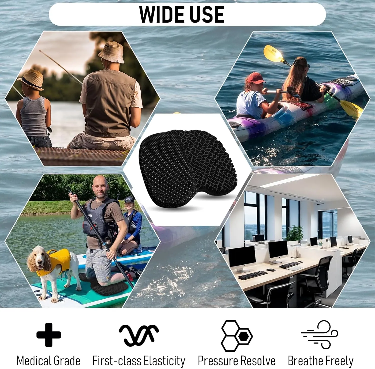 Kayak Seat Cushion, Thicken Anti Slip Waterproof Gel Kayak Seat, Portable Canoe Rowing Rubber Dinghy Pad for Stadium Sit in Kayak Inflatable Fishing Kayak Canoe Kayak Accessories