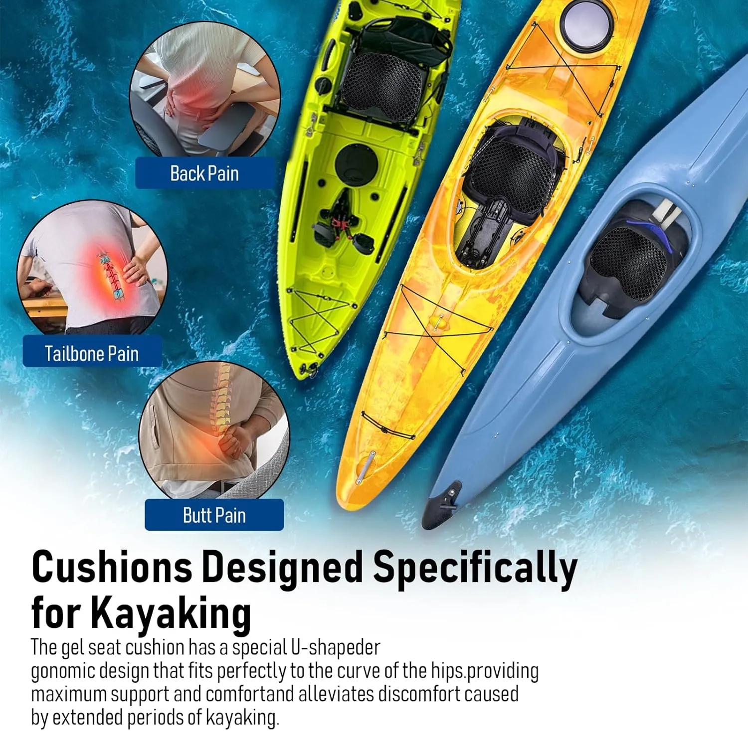 Kayak Seat Cushion, Thicken Anti Slip Waterproof Gel Kayak Seat, Portable Canoe Rowing Rubber Dinghy Pad for Stadium Sit in Kayak Inflatable Fishing Kayak Canoe Kayak Accessories
