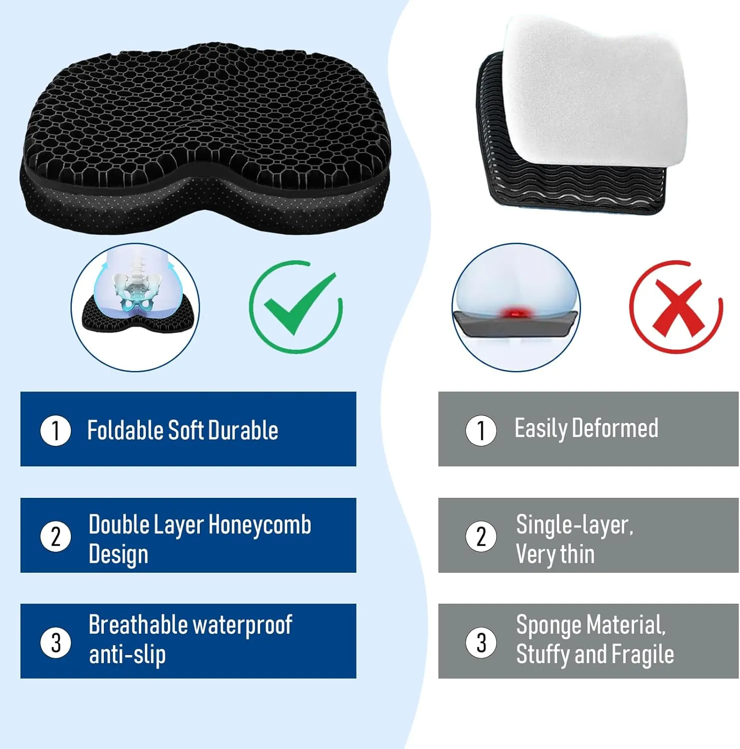 Kayak Seat Cushion, Thicken Anti Slip Waterproof Gel Kayak Seat, Portable Canoe Rowing Rubber Dinghy Pad for Stadium Sit in Kayak Inflatable Fishing Kayak Canoe Kayak Accessories
