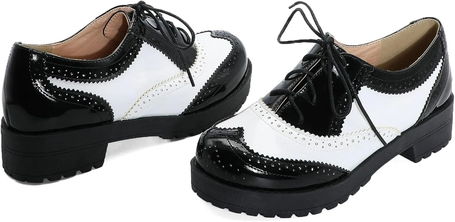 KysBloes Women Lace Up Platform Oxford Shoes Chunky Heel Wingtip Pumps Vintage Brogue Saddle Shoes