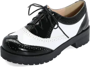 KysBloes Women Lace Up Platform Oxford Shoes Chunky Heel Wingtip Pumps Vintage Brogue Saddle Shoes