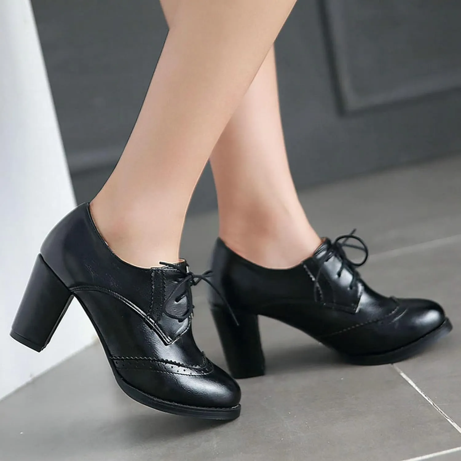 KysBloes Women's Wingtip Oxford Lace Up Shoes Chunky Block Heel Vintage Brogues Classic Closed Toe Saddle Shoes Gift Booties