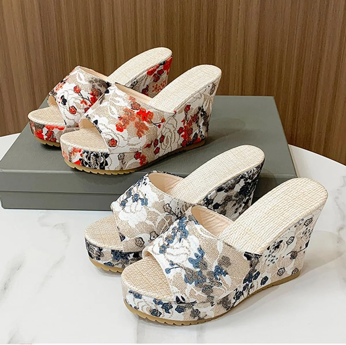 Ladies Fashion Flower Cloth Thick Bottom Wedge Heel Slides Non Slip Fish Mouth Sandals Platform Stylish Wedding Party Sandals