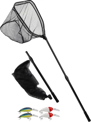 Large Fishing Net with Handle Rubber Fishing Net Telescoping Handle Saltwater Fishing Landing Net with 4pcs Crankbaits for Bass Fishing Fish Net Extends to 72.8inch Holds 44lbs