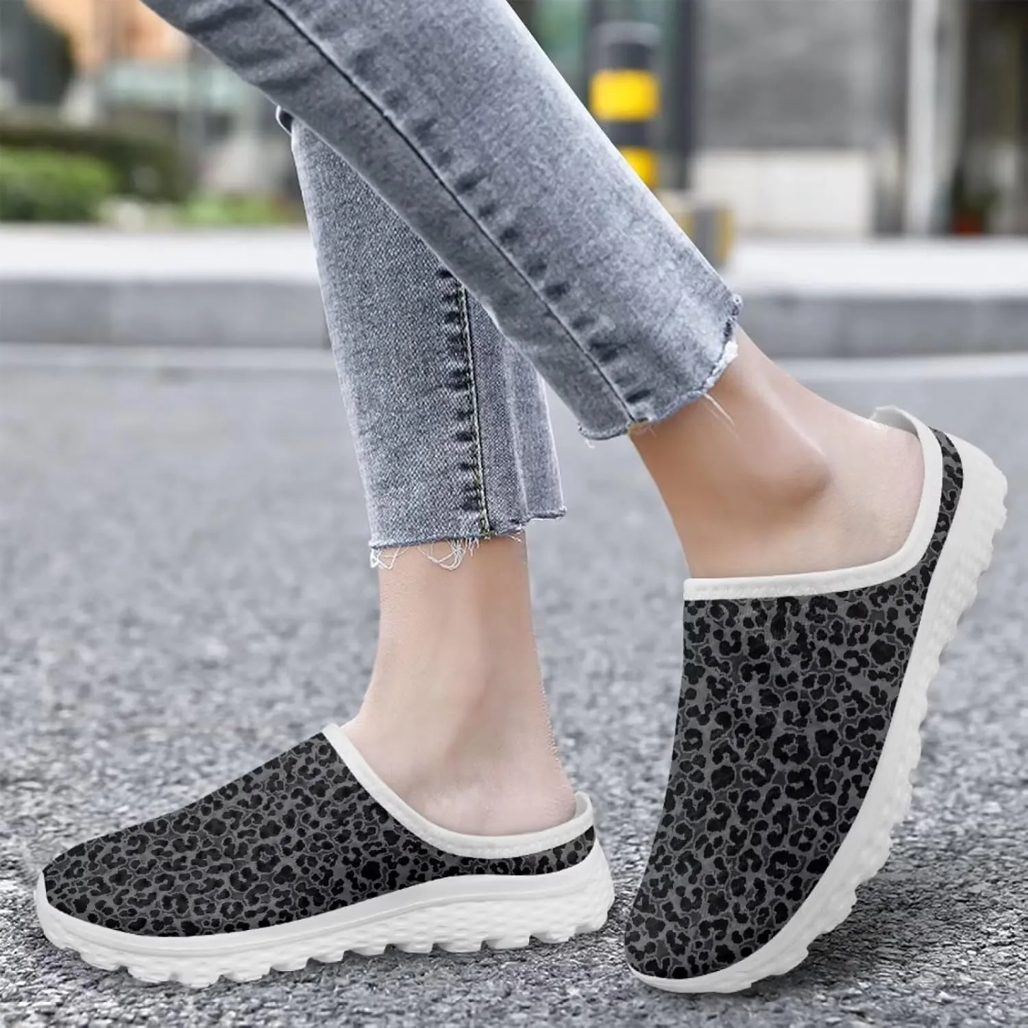 Leopard Print Mule Shoes for Women Slip on Low Top Garden Clogs Mesh Loafers EVA Sole Mule Sneakers US6-13.5
