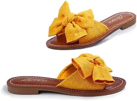 Liliana Women's Clarissa-1 Faux Croc Footbed Bow Accent Strap Flat Slip On Sandals