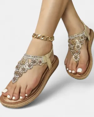 Lily – Boho Floral Flat Sandals with Elastic Straps & Toe Post