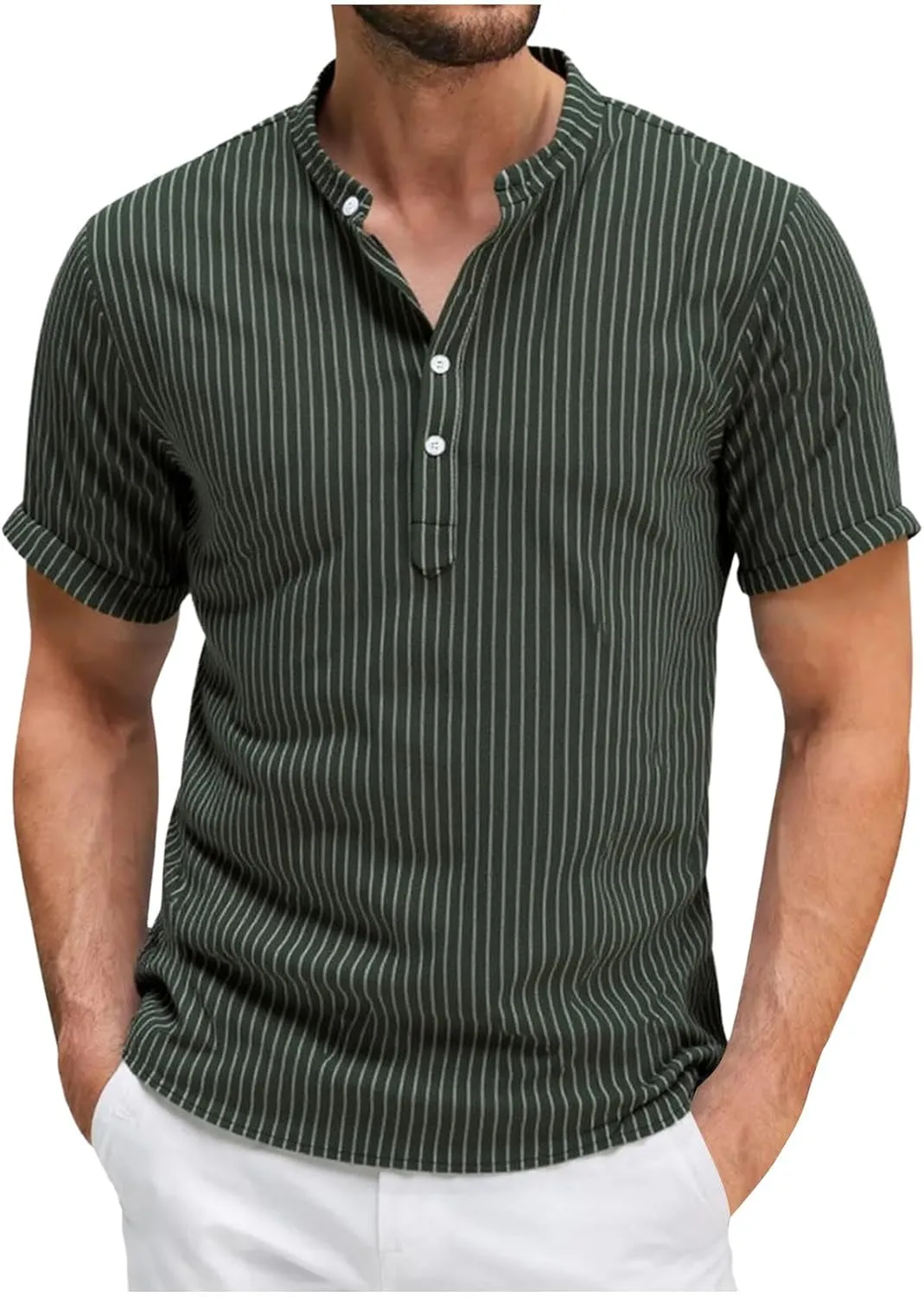Linen Shirts for Men Short Sleeve Band Button Collared Striped Shirt V Neck Casual Stylish Summer Beach Outift Loose Fit