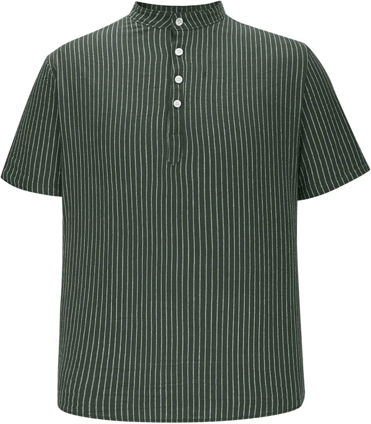 Linen Shirts for Men Short Sleeve Band Button Collared Striped Shirt V Neck Casual Stylish Summer Beach Outift Loose Fit