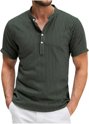 Linen Shirts for Men Short Sleeve Band Button Collared Striped Shirt V Neck Casual Stylish Summer Beach Outift Loose Fit