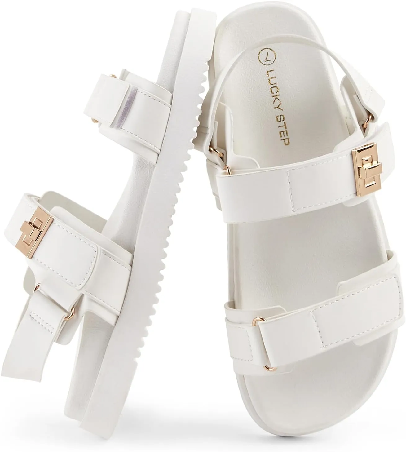 LUCKY STEP Women's Flat Sandals Casual Open Toe Beach Sandals Adjustable Double Strap Summer Sandals