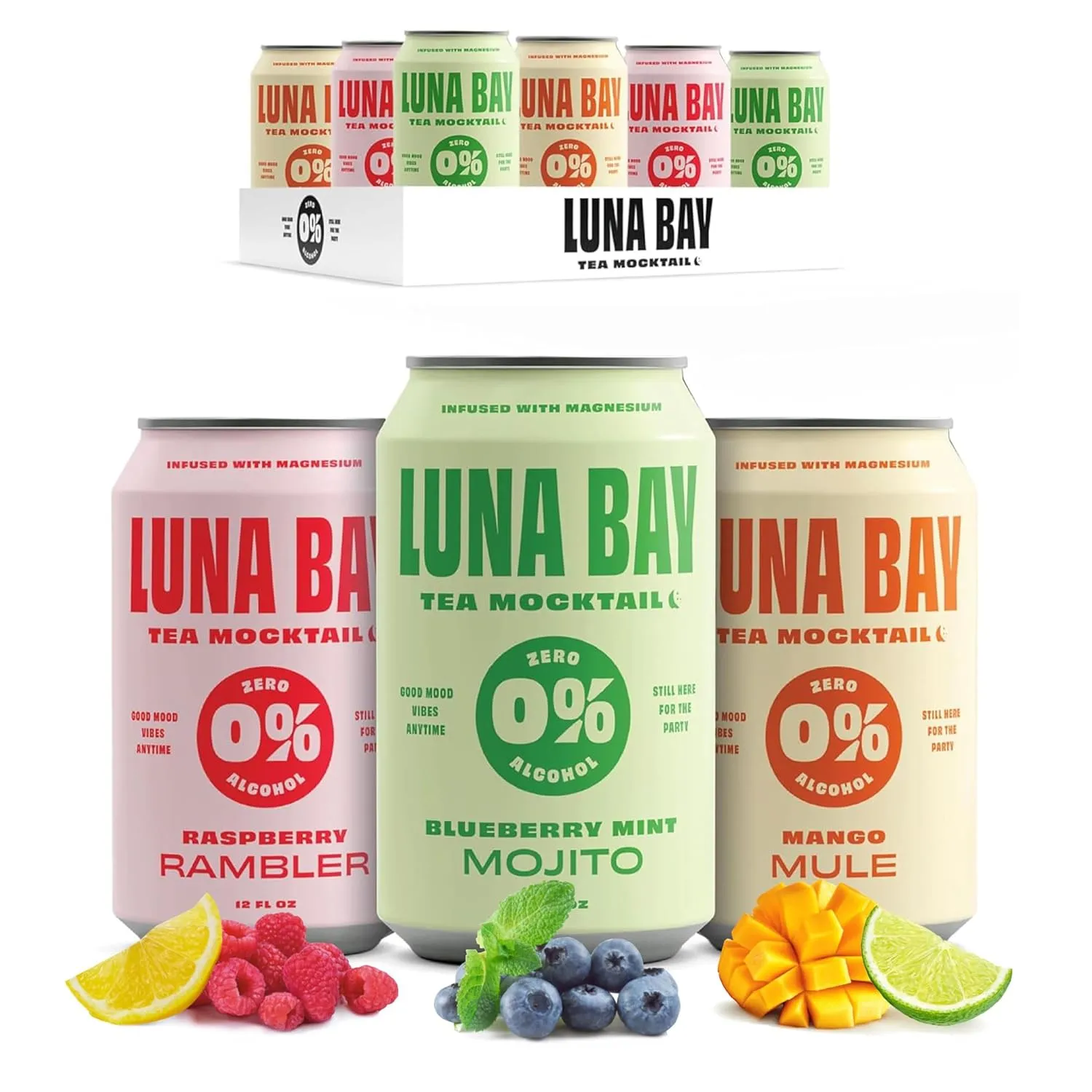 Luna Bay Zero Percent Tea Mocktail - Sparkling Tea Non-Alcoholic Beverage, Non-GMO, Vegan and Gluten Free - Variety Pack - Mango Mule, Blueberry Mint Mojito, Raspberry Rambler (12 Pack, 12 fl oz Cans)