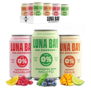 Luna Bay Zero Percent Tea Mocktail - Sparkling Tea Non-Alcoholic Beverage, Non-GMO, Vegan and Gluten Free - Variety Pack - Mango Mule, Blueberry Mint Mojito, Raspberry Rambler (12 Pack, 12 fl oz Cans)