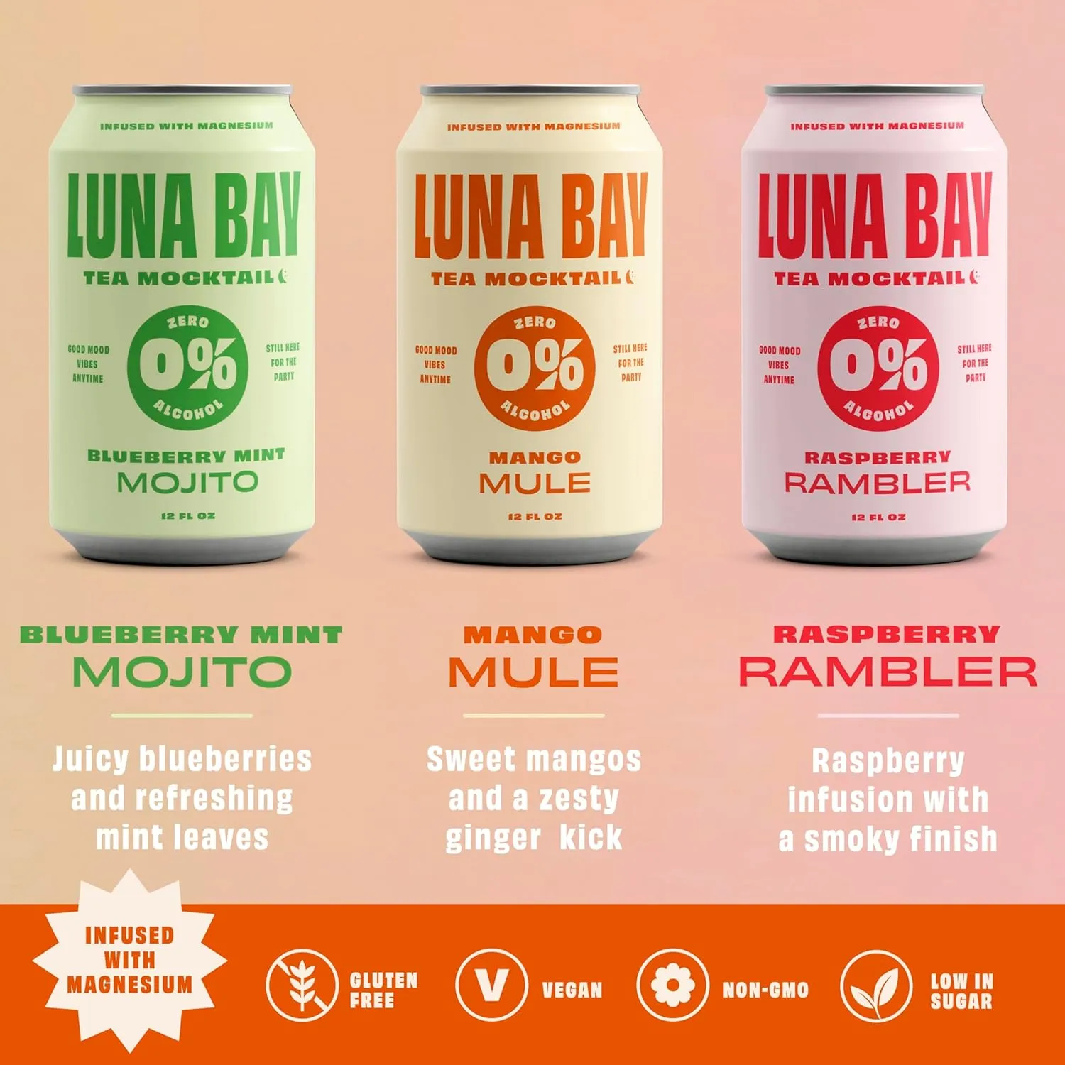 Luna Bay Zero Percent Tea Mocktail - Sparkling Tea Non-Alcoholic Beverage, Non-GMO, Vegan and Gluten Free - Variety Pack - Mango Mule, Blueberry Mint Mojito, Raspberry Rambler (12 Pack, 12 fl oz Cans)