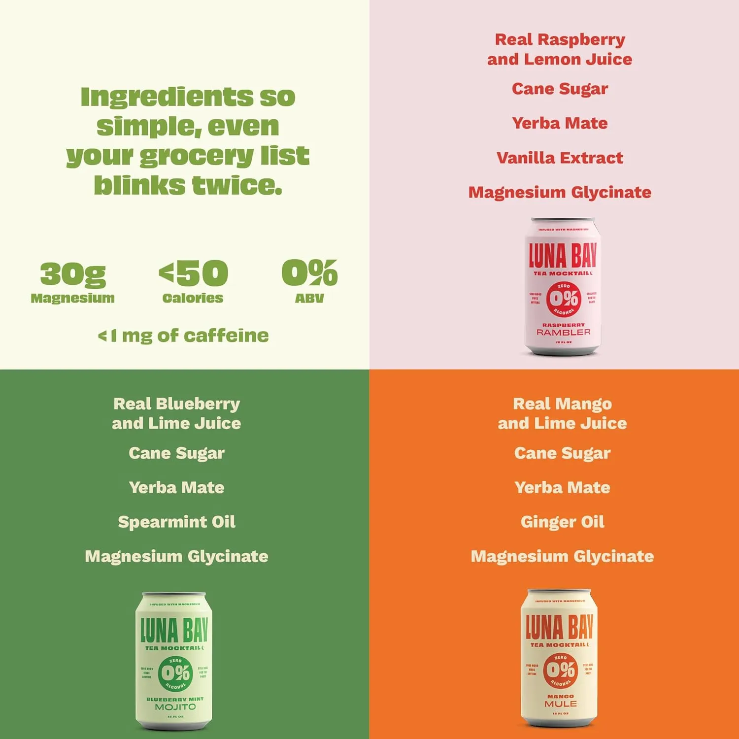 Luna Bay Zero Percent Tea Mocktail - Sparkling Tea Non-Alcoholic Beverage, Non-GMO, Vegan and Gluten Free - Variety Pack - Mango Mule, Blueberry Mint Mojito, Raspberry Rambler (12 Pack, 12 fl oz Cans)