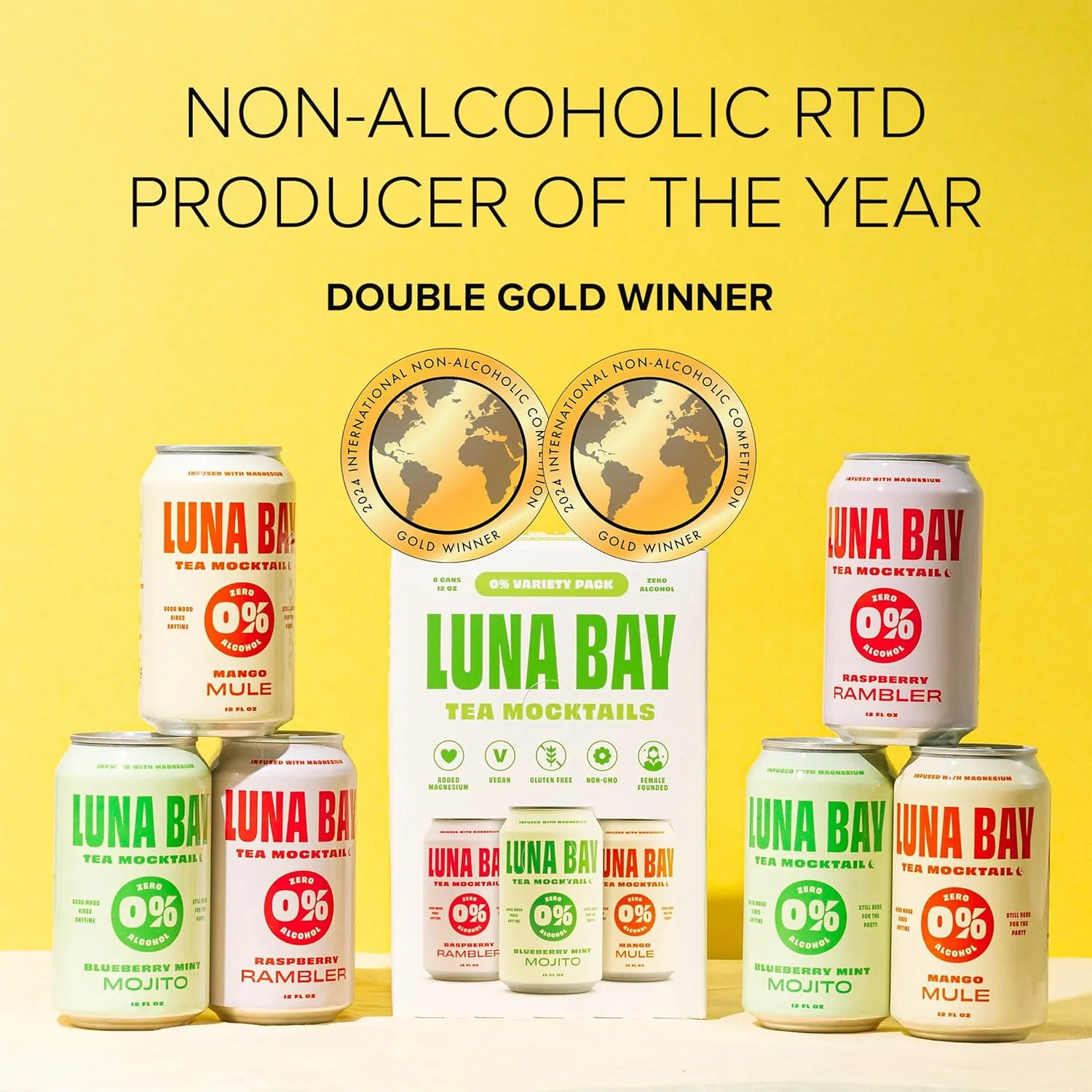 Luna Bay Zero Percent Tea Mocktail - Sparkling Tea Non-Alcoholic Beverage, Non-GMO, Vegan and Gluten Free - Variety Pack - Mango Mule, Blueberry Mint Mojito, Raspberry Rambler (12 Pack, 12 fl oz Cans)