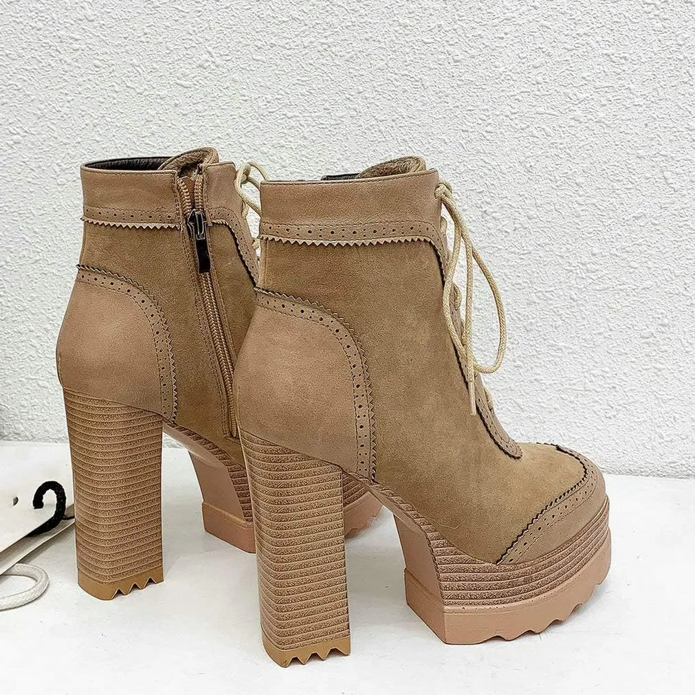 LUXMAX Women Wingtip Ankle Boots Chunky High Heel Lace Up Platform Oxford Brogue Booties