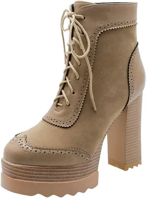 LUXMAX Women Wingtip Ankle Boots Chunky High Heel Lace Up Platform Oxford Brogue Booties
