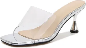 Lymphvity Clear Heeled Sandals for Women Kitten Heels Sandals Open Square Toe Transparent High Heel Mule Sandals Slip On Party Dress Shoes