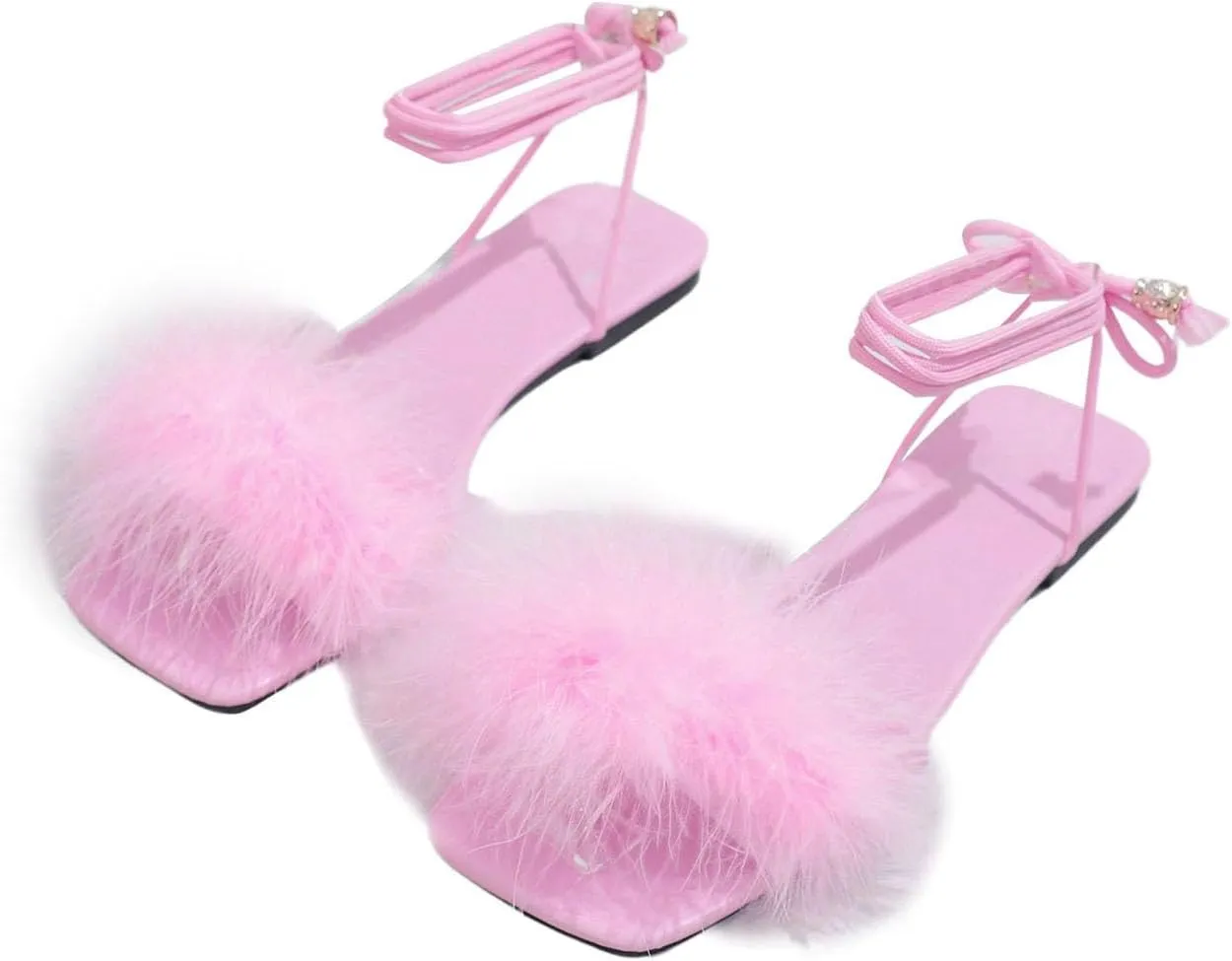 MakeMeChic Women's Faux Fur Strappy Flat Sandals Lace Up Leather Square Open Toe Slip On Slide Shoes