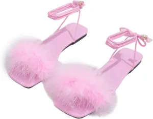 MakeMeChic Women's Faux Fur Strappy Flat Sandals Lace Up Leather Square Open Toe Slip On Slide Shoes