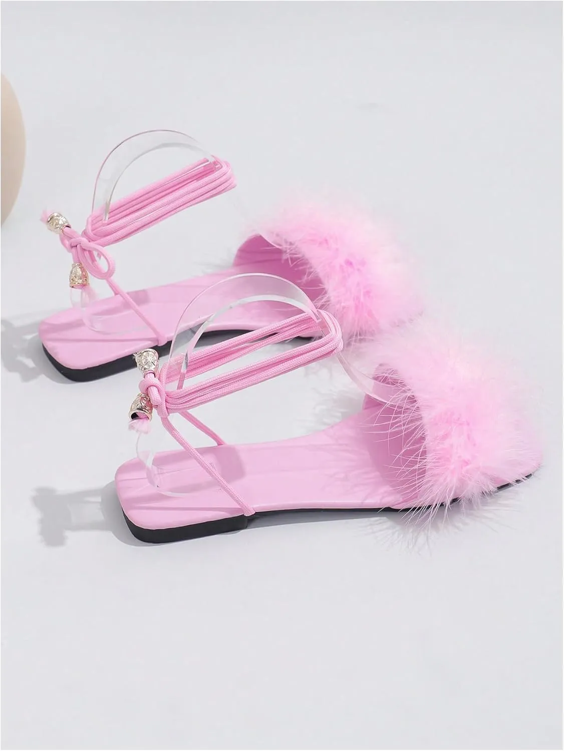 MakeMeChic Women's Faux Fur Strappy Flat Sandals Lace Up Leather Square Open Toe Slip On Slide Shoes