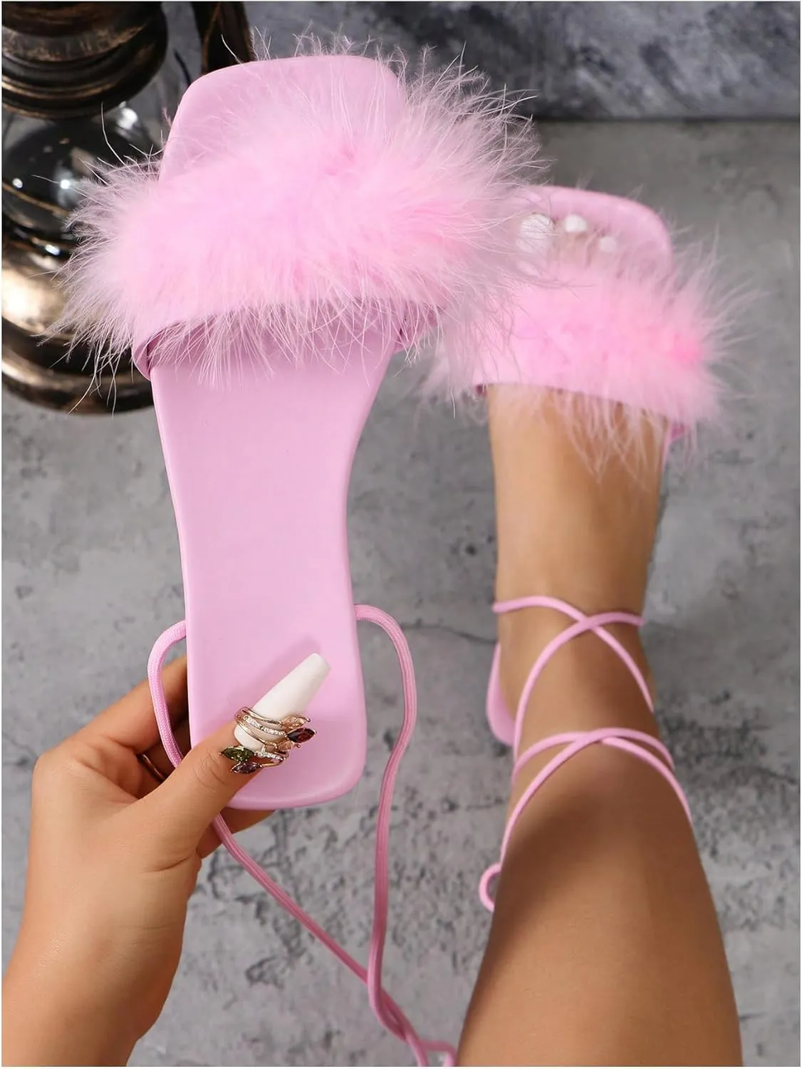 MakeMeChic Women's Faux Fur Strappy Flat Sandals Lace Up Leather Square Open Toe Slip On Slide Shoes