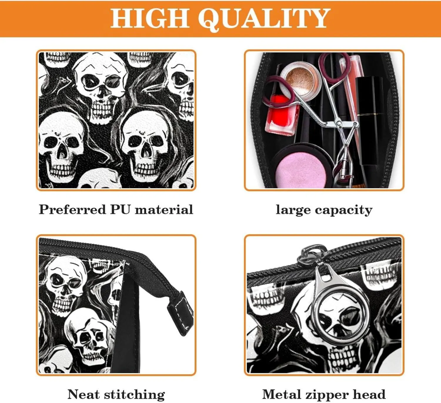 Makeup Bag Organizer,Cosmetic Bags for Women,Vintage Black White Skull,Small Makeup Pouch