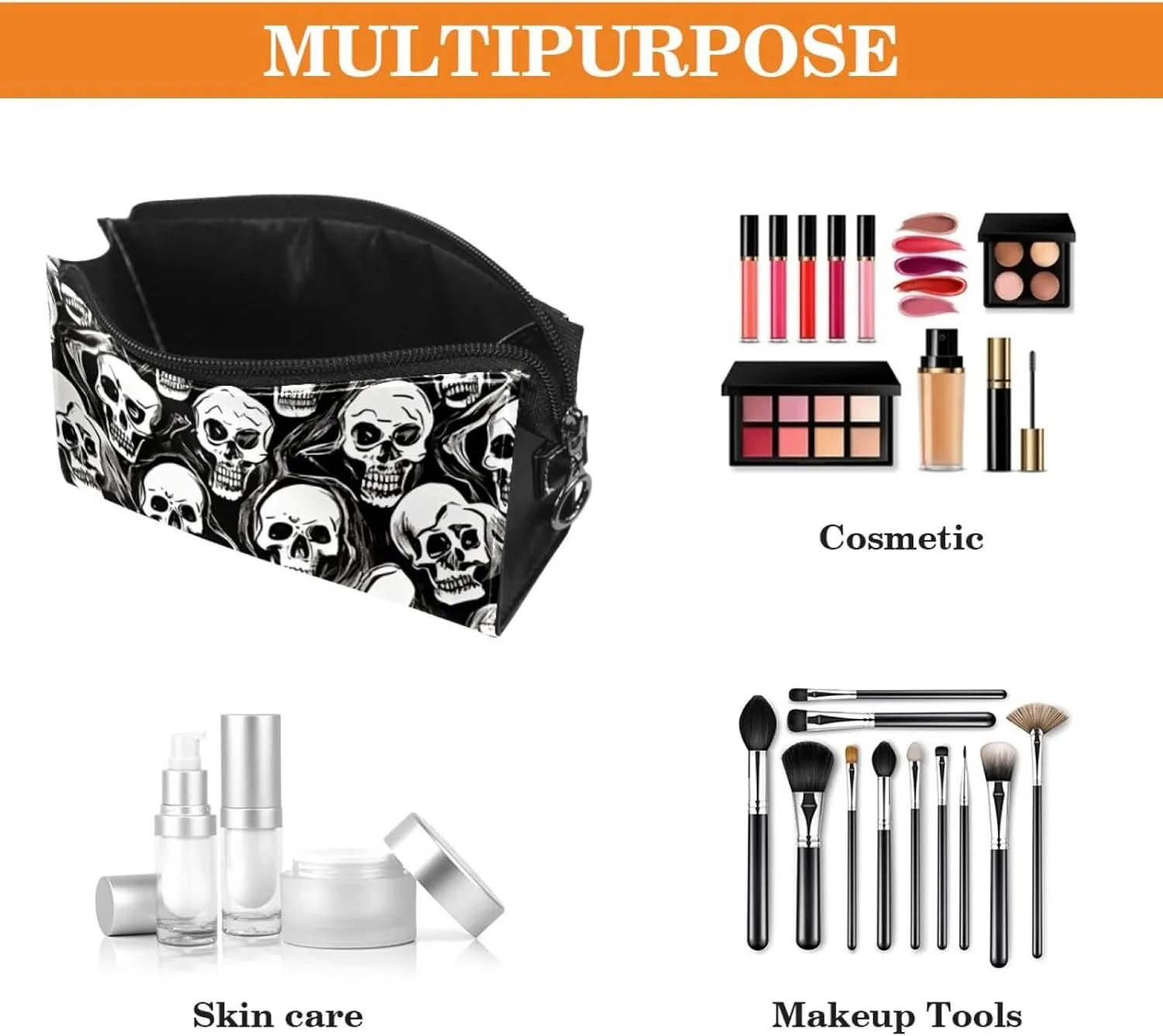 Makeup Bag Organizer,Cosmetic Bags for Women,Vintage Black White Skull,Small Makeup Pouch