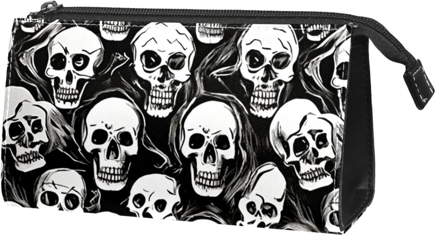 Makeup Bag Organizer,Cosmetic Bags for Women,Vintage Black White Skull,Small Makeup Pouch