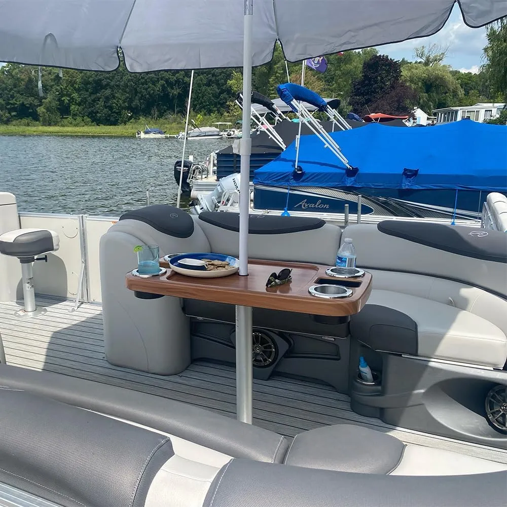 Manufacturers' Select ITC Boat Table w/Tilting and Adjustable Height Umbrella Set - Large Table Top, Pedestal Table Leg, 4 Large Drink Holders, 2 Phone Slots (Cinnamon w/Silver Leg)