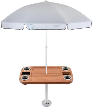Manufacturers' Select ITC Boat Table w/Tilting and Adjustable Height Umbrella Set - Large Table Top, Pedestal Table Leg, 4 Large Drink Holders, 2 Phone Slots (Cinnamon w/Silver Leg)