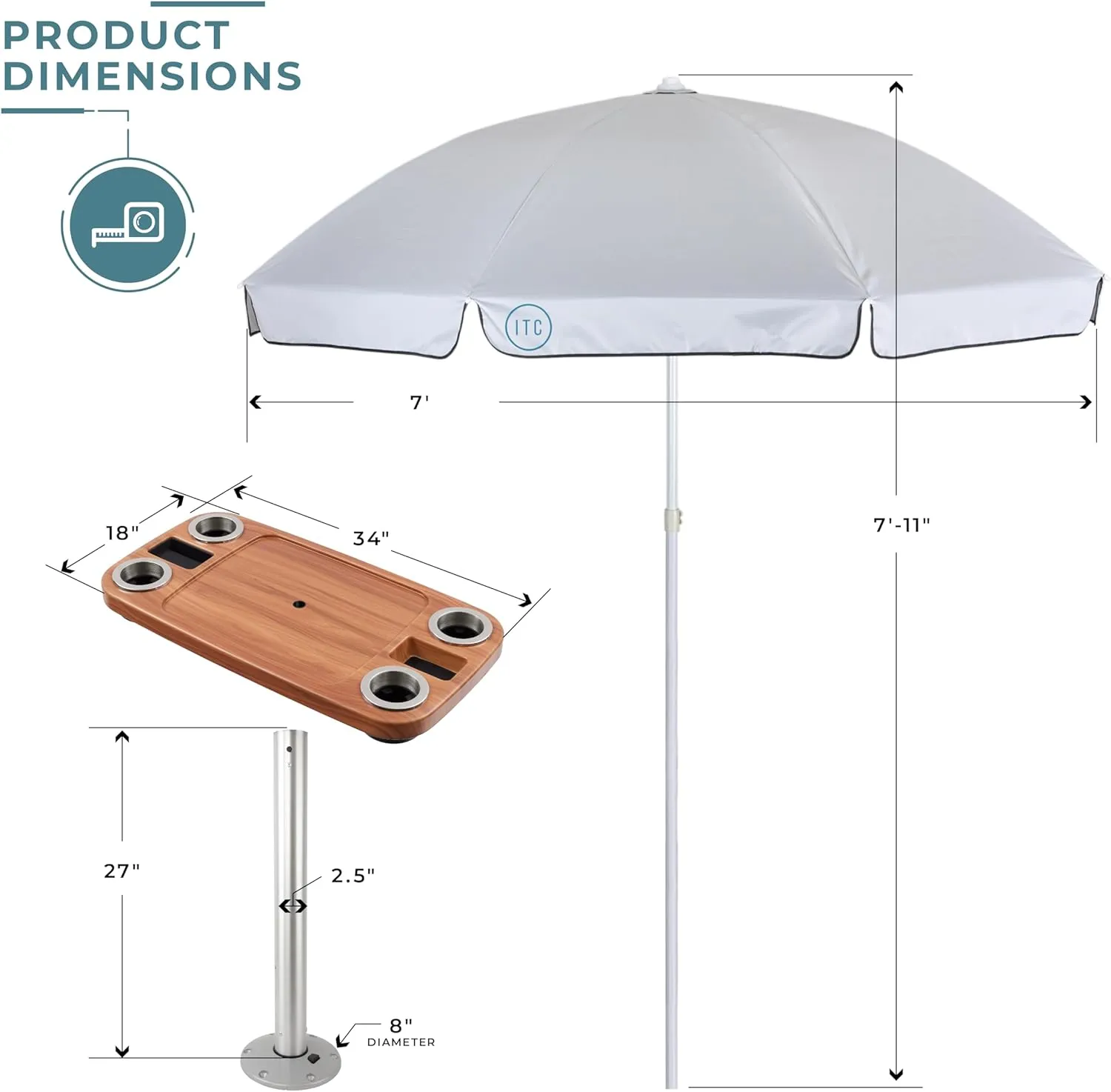 Manufacturers' Select ITC Boat Table w/Tilting and Adjustable Height Umbrella Set - Large Table Top, Pedestal Table Leg, 4 Large Drink Holders, 2 Phone Slots (Cinnamon w/Silver Leg)