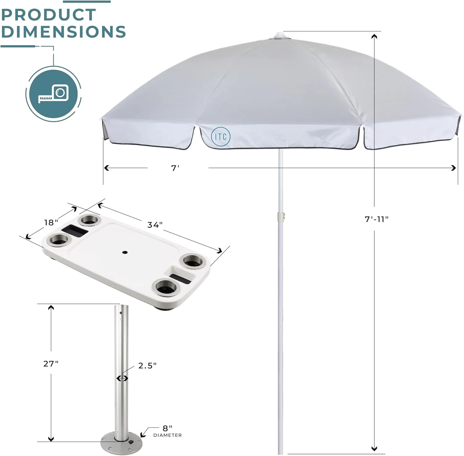 Manufacturers' Select ITC Boat Table w/Tilting and Adjustable Height Umbrella Set - Large Top, Pedestal Leg, 4 Large Drink Holders, 2 Phone Slots (Glossy White w/Silver Leg)