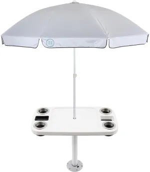 Manufacturers' Select ITC Boat Table w/Tilting and Adjustable Height Umbrella Set - Large Top, Pedestal Leg, 4 Large Drink Holders, 2 Phone Slots (Glossy White w/Silver Leg)
