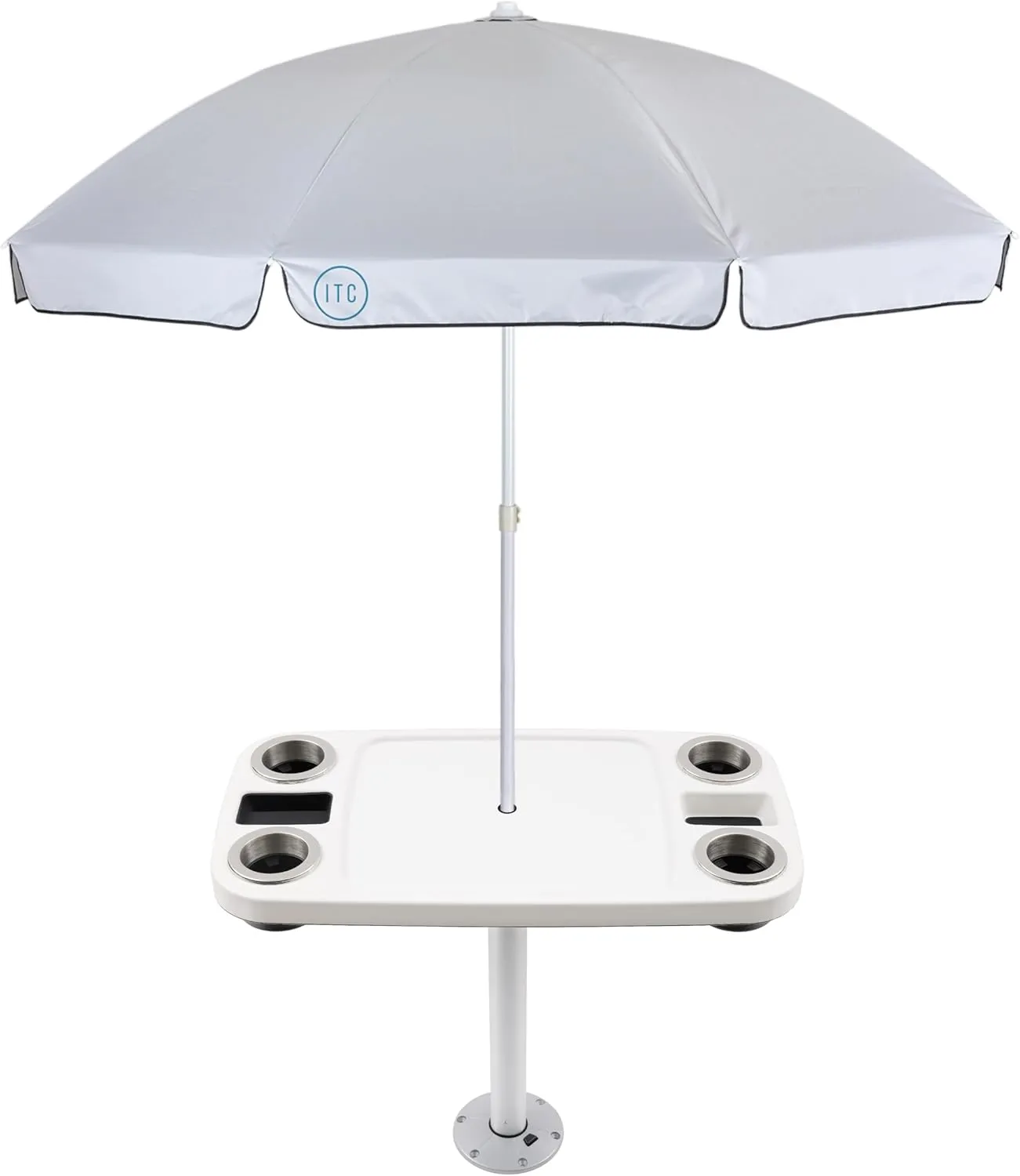 Manufacturers' Select ITC Boat Table w/Tilting and Adjustable Height Umbrella Set - Large Top, Pedestal Leg, 4 Large Drink Holders, 2 Phone Slots (Glossy White w/Silver Leg)