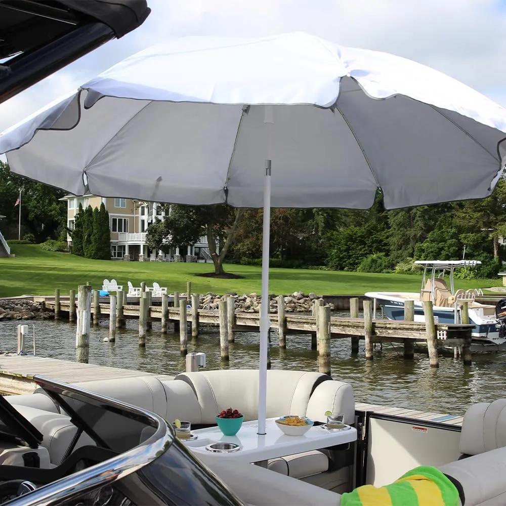 Manufacturers' Select ITC Boat Table w/Tilting and Adjustable Height Umbrella Set - Large Top, Pedestal Leg, 4 Large Drink Holders, 2 Phone Slots (Glossy White w/Silver Leg)