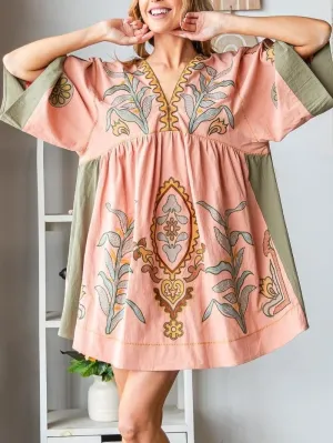 Melliflo Womens Embroidered Dress V Neck Long Sleeve Linen Dress Loose Fit Vintage Floral Print Midi Dress