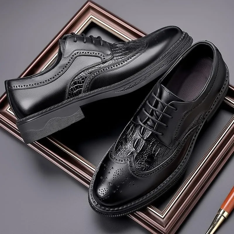 Mens Brogue Oxford Dress Shoes Genuine Leather British Style Lace Up Business Formal Breathable Office Shoes