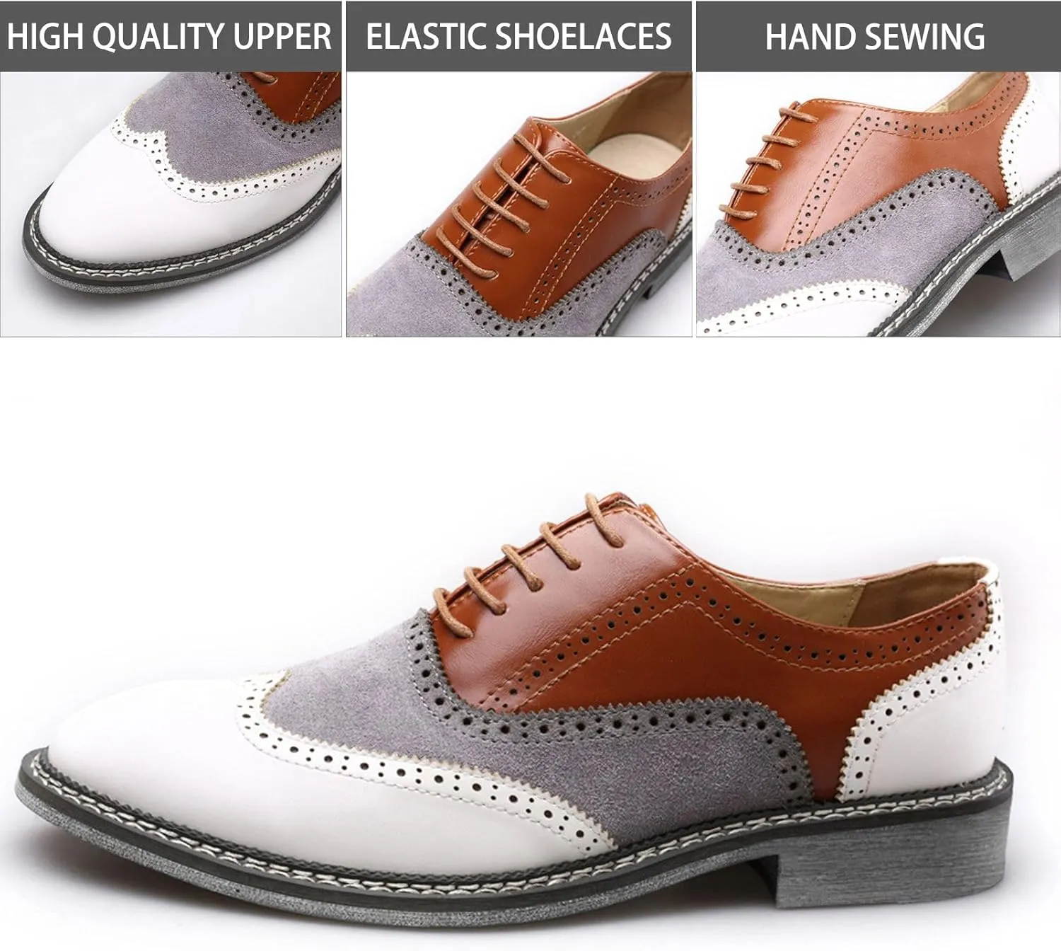 Men's Brogue Wingtip Leather Lace-Up Oxford Shoes Business Party Wedding Pointed Toe Dress Shoes Comfort Causal Low Heel Walking Shoes