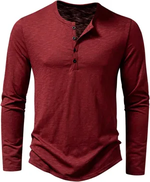 Men's Casual Henley Shirts Long Sleeve Quarter Button Tops Solid Color Slim T-shirts Classic Soft Comfy Tee Pullover