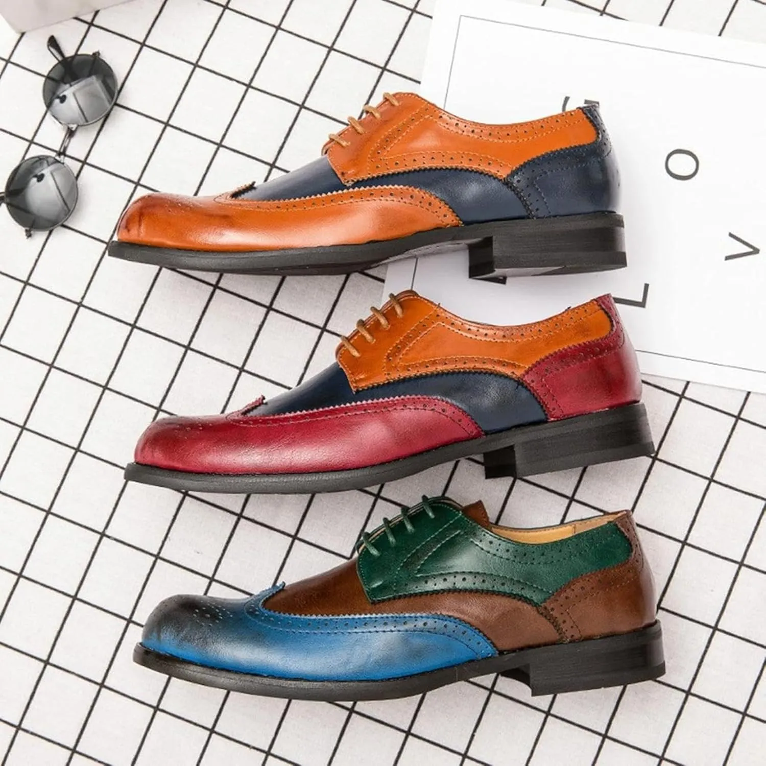 Men's Formal Shoes, Patched Dance Oxford Shoes, Casual Pointed Formal Dating Shoes, Spring Low Cut Lace up Brogue Shoes, 8.5, Brown