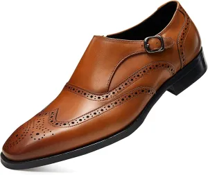 Men's Full Brogue Oxford Vintage Genuine Leather Slip on Style Wingtips Buckle Monk Strap Square Toe Dress Shoes Block Heel Solid Color Oxfords Formal Men