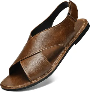 Men's Genuine leather Handmade Strappy Flat Sandals adjustable back Hook and loop open toe Outdoor Sandals Summer Casual vacation beach Sandals