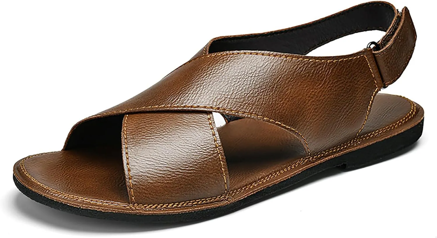 Men's Genuine leather Handmade Strappy Flat Sandals adjustable back Hook and loop open toe Outdoor Sandals Summer Casual vacation beach Sandals