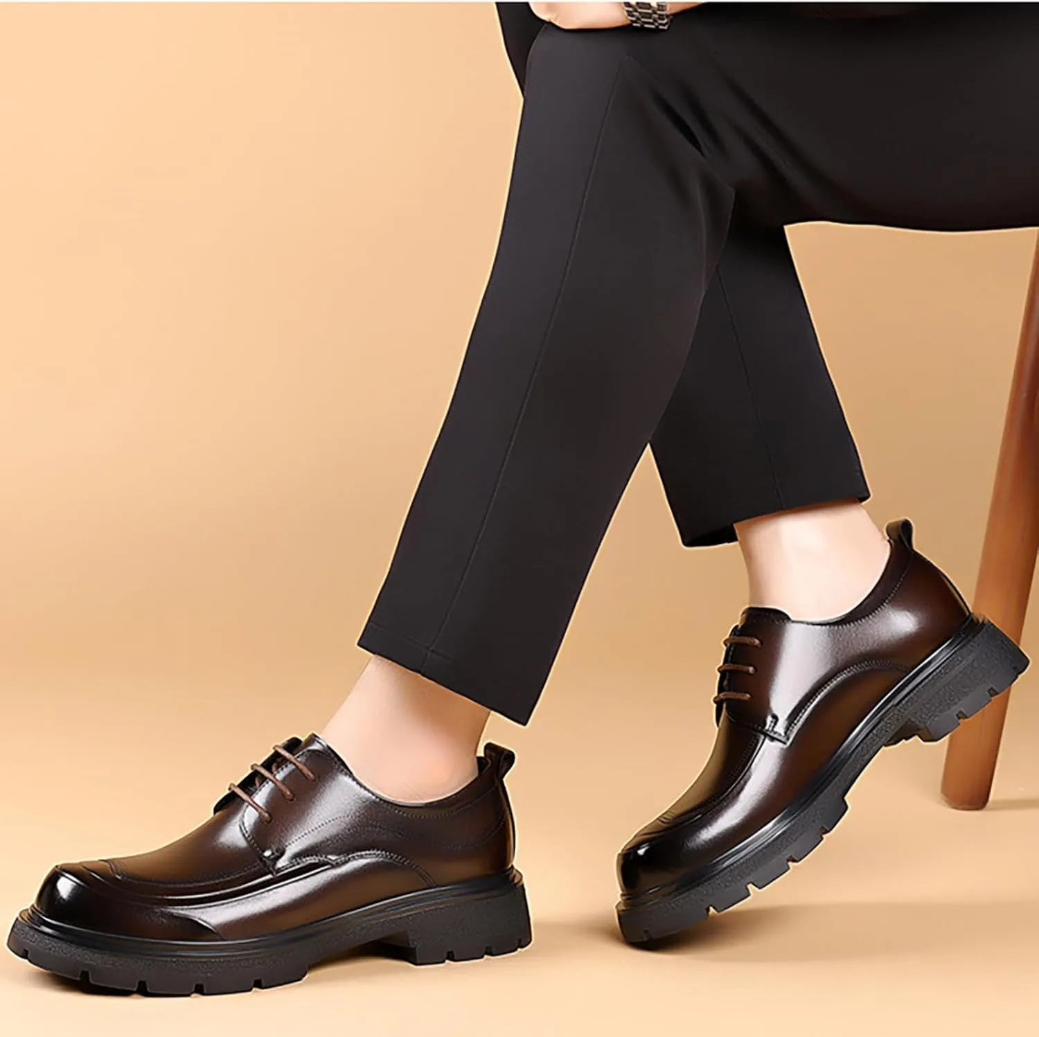 Men's Genuine Leather Platform Chunky Heel Oxford Shoes Classic Casual Lace Up Round Toe Lug Sole Dress Derby Shoes Work Office Business Height-Increasing Shoes