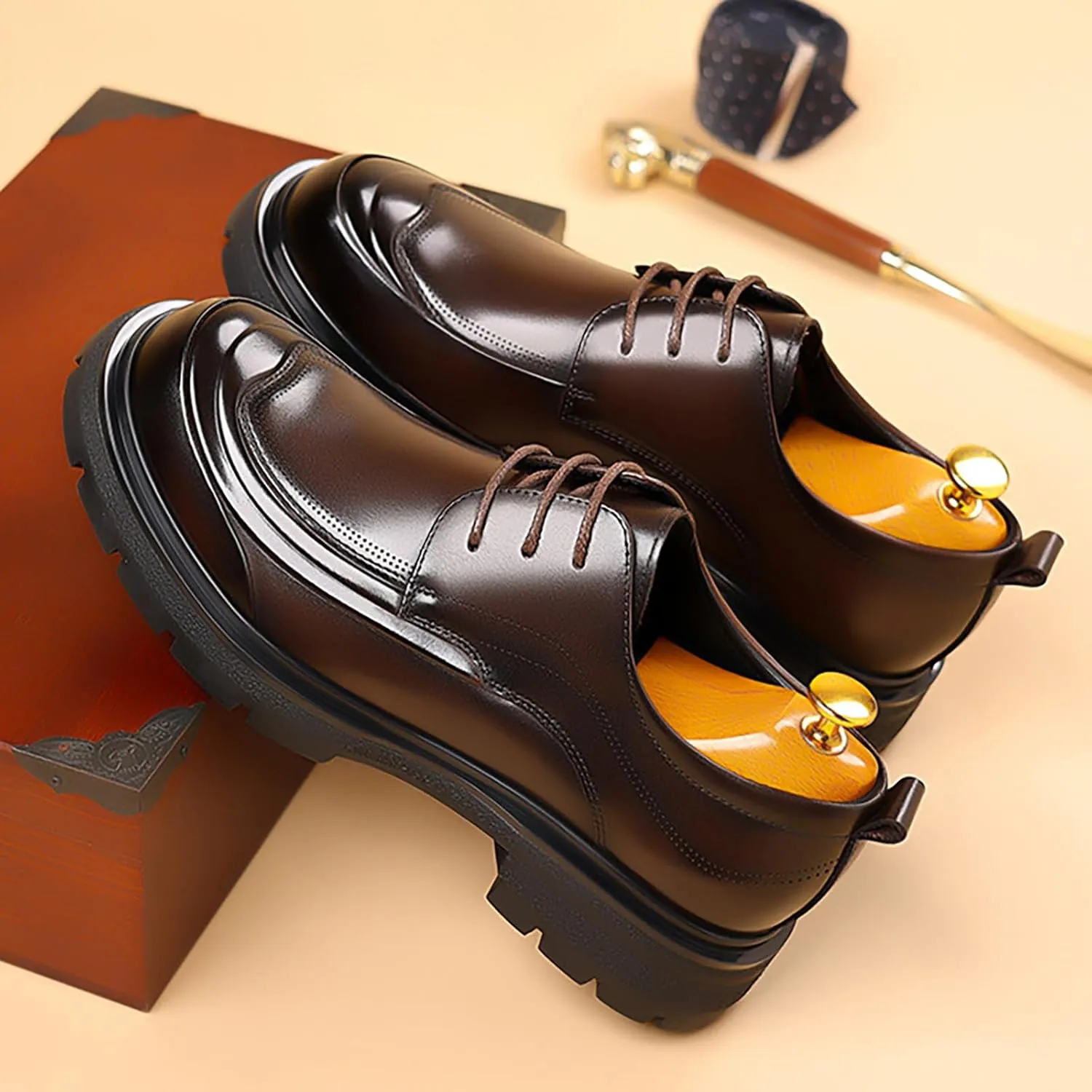 Men's Genuine Leather Platform Chunky Heel Oxford Shoes Classic Casual Lace Up Round Toe Lug Sole Dress Derby Shoes Work Office Business Height-Increasing Shoes